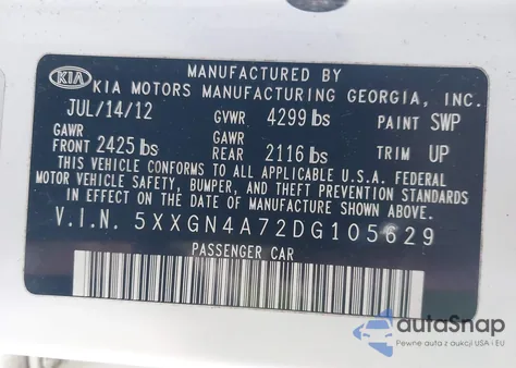 2013 Kia Optima Ex from USA, damaged, VIN 5XXGN4A72DG105629